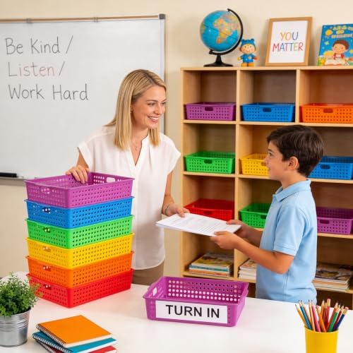 12 Pack Classroom Storage Baskets, Plastic Paper Trays for Desk Organization, Turn-in Trays for Teachers and Students, Stackable Organizer Bins for School Office-Bright Color - Image 7