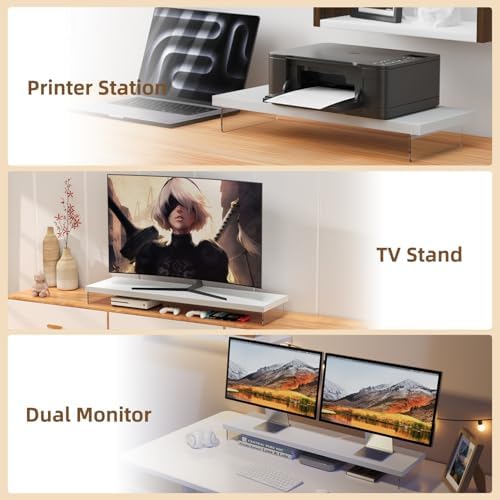 Dual Monitor Stand Riser, 40x10 in Wood & Acrylic Desktop Organizer Shelf - Image 6