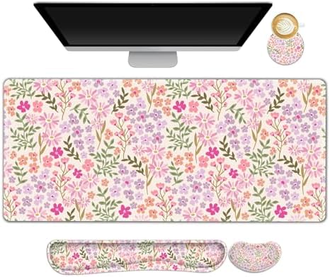 Large Gaming Mouse Pad Set, Ergonomics Keyboard Desk Mat with Memory Foam Wrist Rest, Computer PC Extended Game Mousepad, Non-Slip Desk Matt Easy Typing Pain Relief I Artistic Colroful Flowers by NXZGO