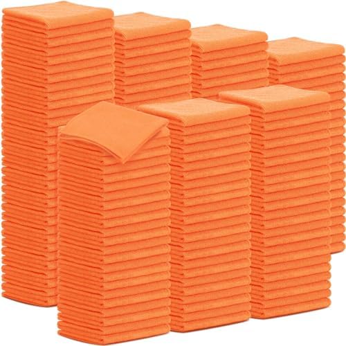 Tenare 100 Pack 12'' x 12'' Microfiber Cleaning Cloths Reusable Cleaning Rags Bulk Microfiber Towels Softer Highly Absorbent Washcloths for House Kitchen Car Window(Orange) by Tenare