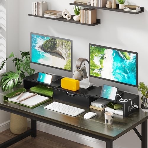Dual Monitor Stand with USB Ports Wood Monitor Stand Riser with Drawer - Image 3