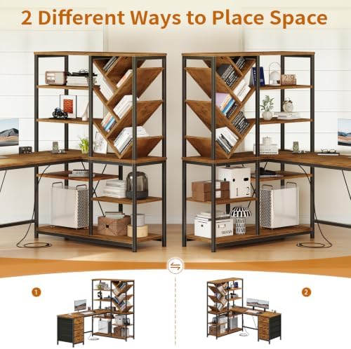 YOMILUVE 58" L Shaped Desk with Bookshelf and 3 Drawers for Home Office - Image 4