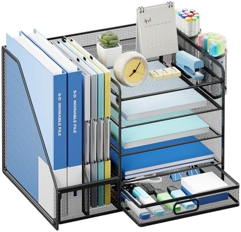 Lavatino Desk Organizer with File Holder, 5-Tier Paper Letter Tray Organizer with Sliding Drawer and 2 Pen Holder, Mesh Desktop File Organizer for Office Supplies (Black) by Lavatino