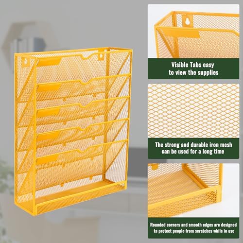 EASEPRES 6 Tier Mesh Hanging Wall File Organizer, Desk Vertical Mail Paper Document Folder Holder Rack with Bottom Tray and Nametag Label for Office Home School, Yellow - Image 4