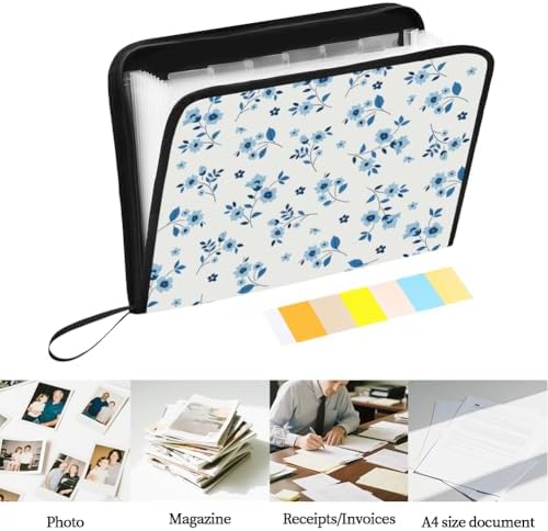 WEBEEDY Blue Flowers Expanding File Folder 13 Pockets Accordion Folder Document Organiser with 12 Color Labels and Zipper, Paperwork Organizer for Photo Letter Receipt Back to School Supplies, A4 - Image 4