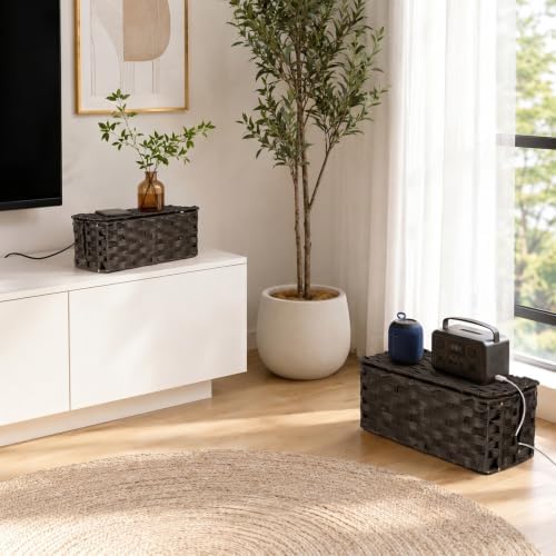2 Pack Handwoven Cable Management Box with Lid, Decorative Cord Organizer for Power Strips, Chargers, TV Wires, Desk, Home & Office Storage, Plastic Rattan Strap - Image 7