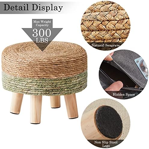 Cpintltr Ottoman Natural Seagrass Footrest Poufs Hand Weave Round Foot Stool for Couch Desk Soft Step Stool Padded Foot Rest with Pine Legs for Living Room Bedroom Natural/Green - Image 5