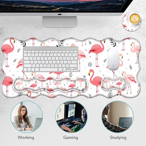 4 in 1 Desk Mat Set,Mouse Pad with Keyboard Wrist Rest,Wave-Shaped Design,Non-Slip Rubber Base,Waterproof,for Home,Office,Gaming,Cute Flamingo - Image 6