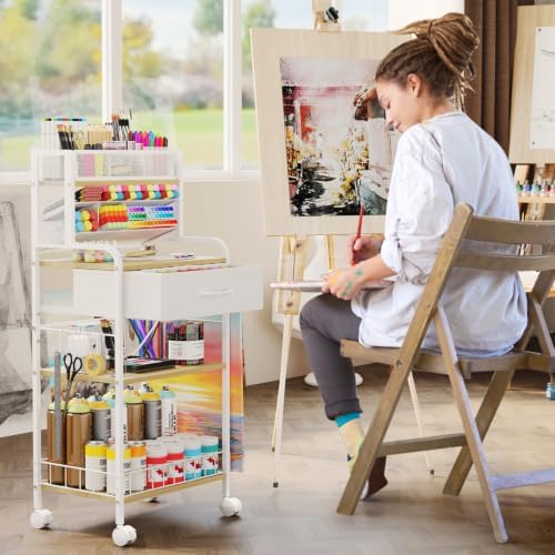 Homsorout Art cart, 3 Tier Rolling Cart - Utility Cart with Storage Drawer and Wheels, Versatile Art & Craft Organizer for Home, Office, or Studio Ideal for Storing Brushes, Paints （ White） - Image 2