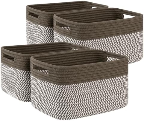 4 Pack Storage Baskets for Organizing, Woven Baskets for Shelves - Perfect for Toys, Books, Towels, and Clothes, Durable Gift Basket Bins Toy Storage, 12.7''Lx9''Wx7.8''H, Green & White by SIXDOVE