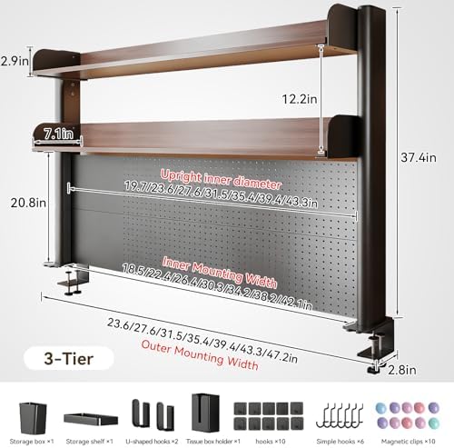 Clamp on Desk Shelf with Pegboard, Adjustable Desktop Hutch Organizer, No-Drill Over the Desk Storage Rack, Heavy Duty Metal Frame Vertical Stand with DIY Accessories for Home Office & Gaming Setup - Image 2