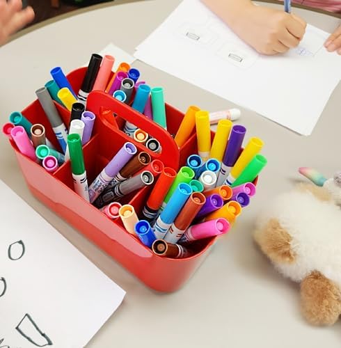 Small Stackable Plastic Caddy with Handle 6 Compartment | Desk, Makeup, Dorm Caddy, Classroom Art Organizers - 4 Pack, Made In USA (Red) - Image 6