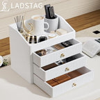 LADSTAG Office Accessories,Begie White Vegan Leather Office Supplies with 3 Drawers & Tray for Desk,Perfume Organizer with Gold-Tone Metal Accents Knob for End Tables,Bedside Table,Bedroom - Image 2