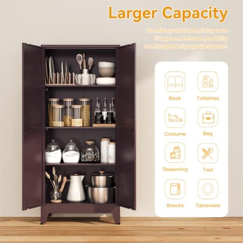 COFaR Metal Pantry Cabinet, Red Kitchen Storage Cabinets with 2 Barn Door - Image 6