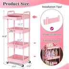 SUNALLY 4 Tier Rolling Cart with Drawer, Craft Storage Cart Organizer, Pink - Image 2