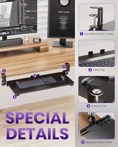 Ergonomic Mouse & Keyboard Tray Under Desk, 20x11.8 in Board, Black - Image 5