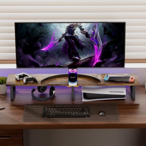 TEAMIX 42 inch Dual Monitor Stand with Storage Drawer & Phone Holder, Brown - Image 6
