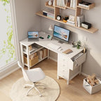 Lufeiya White L Shaped Computer Desk with Drawers & Storage Shelves, 47 Inch Corner Reversible Desk with Power Outlet for Home Office Bedroom, L-Shaped Teen PC Desks with Fabric Drawer, White - Image 2