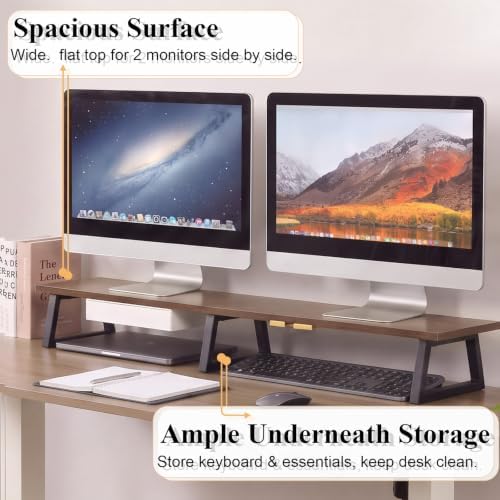 TEAMIX 42 inch Dual Monitor Stand with Storage Drawer & Phone Holder, Brown - Image 2