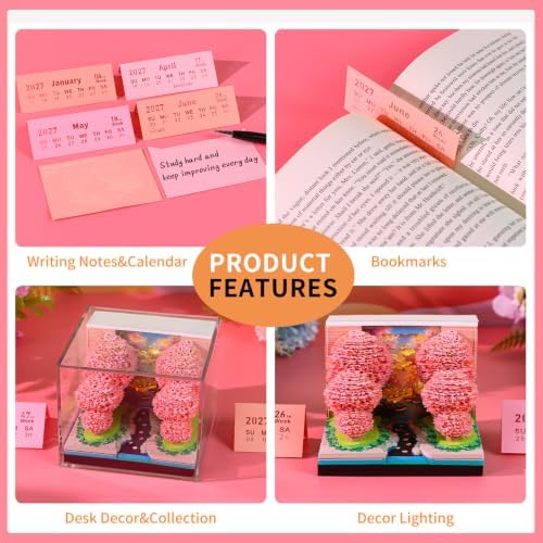 3D Calendar 2027, Desk Time Piece Calendar 2027,Tear-Away 3D Paper Art Notepad w LED Lights,Creative 3D Memo Artsy Pad Calendars, DIY Paper Carving Gift (Peach Blossom Forest) - Image 6