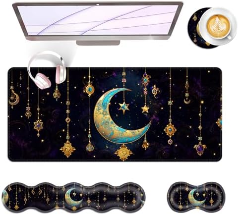 Large Keyboard Mouse Pad Set, Extended Mouse Pad+Keyboard Wrist Rest Support, Memory Foam Ergonomic Easy Typing, 4Pcs (31.5×11.8 in) Desk Pad Set for Office Home,Galaxy Moon Star by Unknown