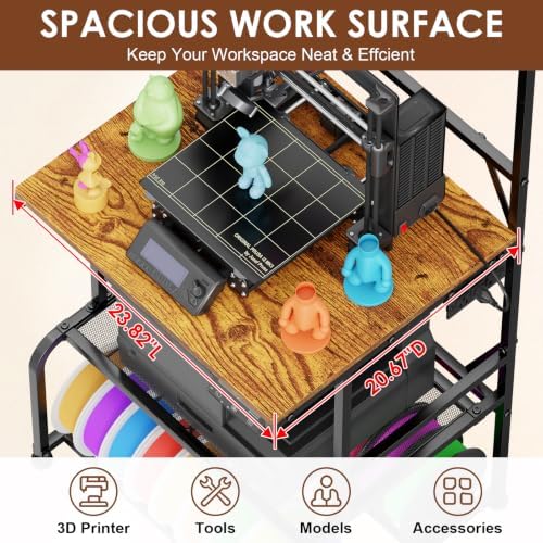 3D Printer Stand with Filament Storage, Large 3D Printer Table Filament Organizer with Spool Holder, Heavy Duty Printer Rack Workstation for 2 Printers, Filament Spools and Tools - Image 4
