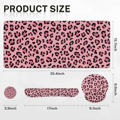 Arttown Keyboard Mouse Pad Set, 4 in 1 Desk Mat Set Leopard Pink - Image 2