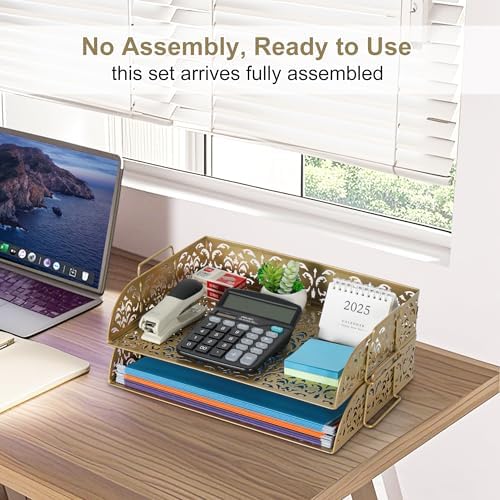 EasyPAG Paper Organizer for Desk 2 Tier Stackable Paper Tray for A4 Legal Size Folders Metal File Storage Desktop Organizer for Home Office School Teacher, Gold - Image 5