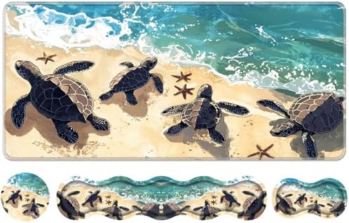 Keyboard Wrist Rest Set,Memory Foam Wrist Support Mouse Pad,31.5"x11.8" Desk Mat for Comfortable Typing & Pain Relief,Non-Slip Base for Office & Home Use - Turtles Crawling on the Beach by Unknown