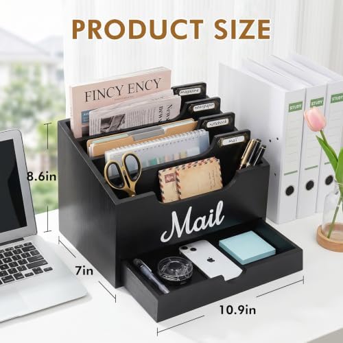 Rustic Wood Mail Organizer Countertop with Drawer, 4-Slot Removable Divider Mail Sorter, Black Desktop Mail Holder, Multi-Functional Bill File Stationary Organizer for Home Office Classroom - Image 7