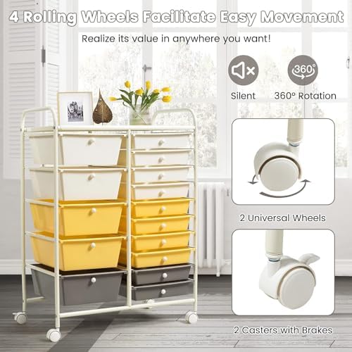 LDAILY 15 Drawer Rolling Storage Cart, Rolling Cart with Drawers for Classroom, Art Supply Craft Organizer on Wheel with Metal Frame & Handles for Home Office School - Image 6