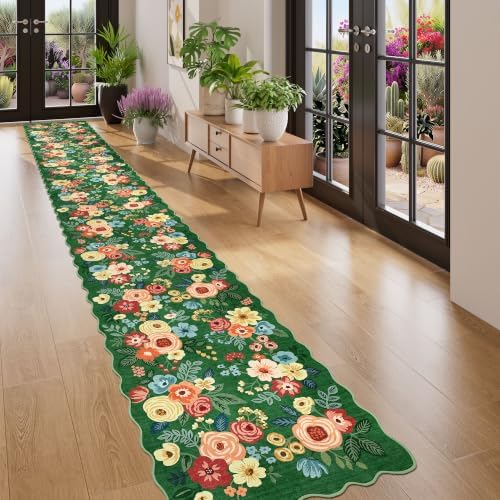 DUKINO 2x14 Hallway Runner Rug, Floral Washable Kitchen Rug, Dark Green - Image 5