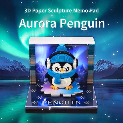 3D Calendar 2027, Desk Time Piece Calendar 2027,Tear-Away 3D Paper Art Notepad w LED Lights,Creative 3D Memo Artsy Pad Calendars, DIY Paper Carving Gift (Penguin-A) - Image 2