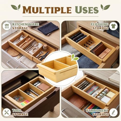 Yookeer 4 Pcs Expandable Drawer Organizer Adjustable Hanging Deep Drawer 11.4'' to 18.1'' Bamboo Wood Dividers Storage Tray for Desk Kitchen Bedroom Bathroom Office Supplies - Image 6