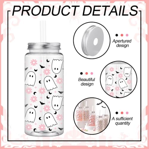 Meanplan Halloween Plastic Cups with Lids and Straws 14 oz Pink Ghost - Image 4