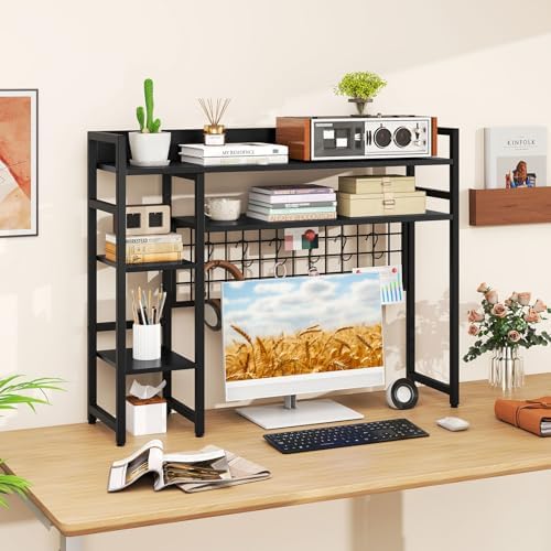 GIANTEX Desktop Bookshelf, 37" Desk Shelf for Up to 32" Computer Monitors, 4 Tier Desktop Display Shelves with Grid Panel, 6 Movable Hooks, Anti-tip Device, Desk Hutch for Home Office Dorm (Black) - Image 2