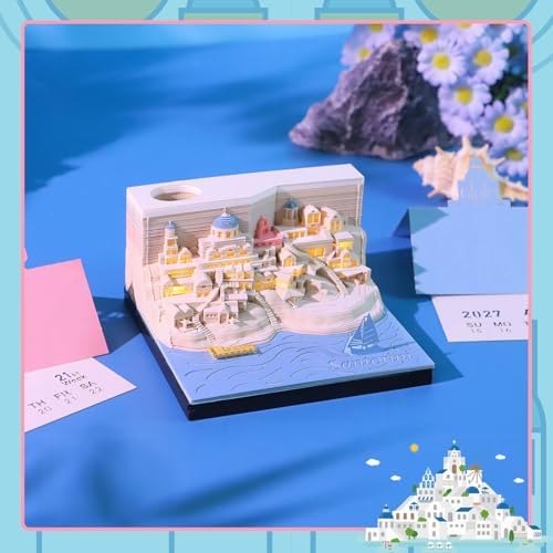 3D Calendar 2027,Time Piece Calendar 2027,Santorini Tear-Off Paper Sculpture Desk Calendars,3D Desk Calendar Memo Pad 2027,3D Memo Pad Creative Tear Away Weekly planner Carving Art Calendar Notepad,Gift,paper sculpture calendar (Santorini) - Image 3