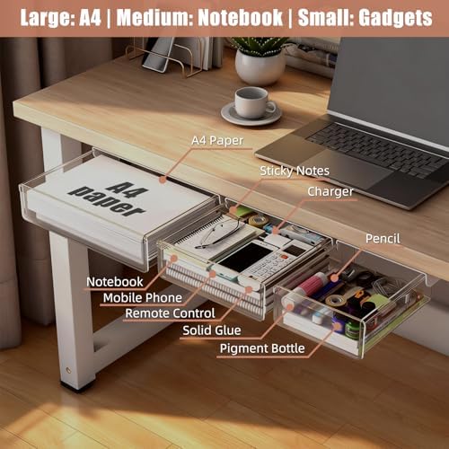 3 Pack Under Desk Drawer Slide Out Storage Organizer, Clear White 3 Sizes (S/M/L), Dual-Mount Hidden Table Tray for Tablets, Planners & Office Supplies - Image 4