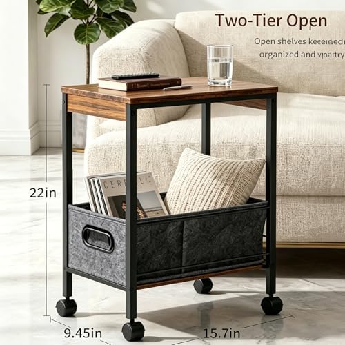 Slim Rolling Side Table with Basket, Narrow Storage Cart on Wheels for Sofa - Image 3