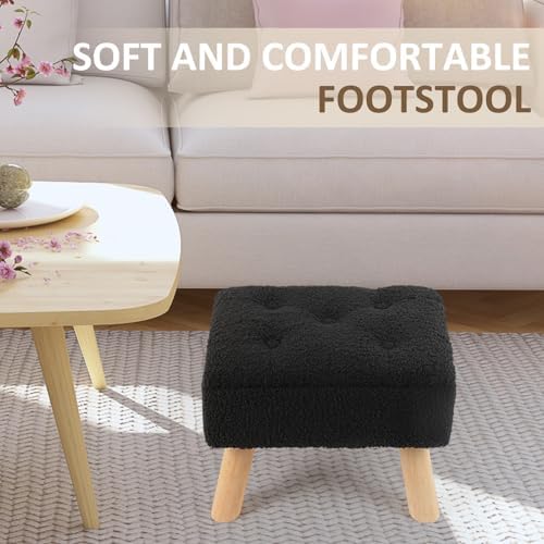 OGEMXU Storage Ottoman, Small Foot Stool Ottoman with Storage, Boucle Teddy Velvet Foot Rest with Padded Seat, Sturdy Wood Legs Stool for Living Room, Bedroom, Couch, Enterway (Black) - Image 4