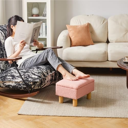 Aibiju Teddy Velvet Small Ottoman Foot Rest, Foot Stools with Storage Small, Upholstered Rectangle Wood Ottoman with Safety Hinge Flip Top, Bed Stool for Bedroom Dorm Teddy Pink YD-JD136P - Image 2