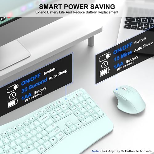 Wireless Keyboard and Mouse Combo, 2.4G Ergonomic Wave Key(Mint Green) - Image 6