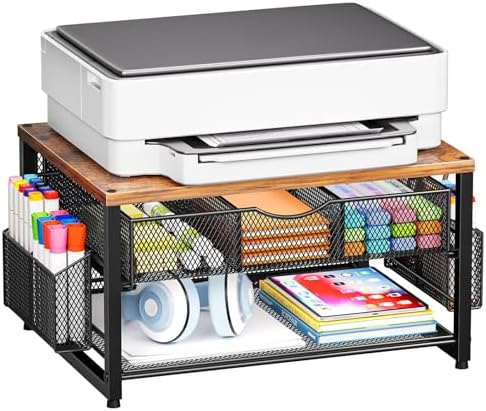 Marbrasse Wood Printer Stand for Desk, 2-Tier Desktop Printer Table for Home Office, Printer Stand with Storage Drawer 2 Pen Holders, Multi-Purpose Desk Organizer for Fax Machine Scanner(Wood Brown) by Marbrasse