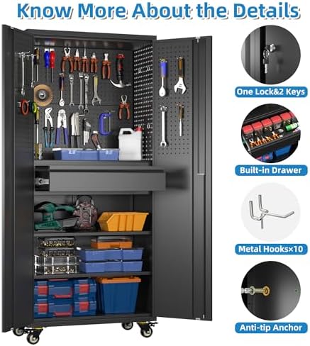 SUXXAN 71-Inch Garage Storage Cabinet with Drawer, Pegboard and Wheels - Image 4