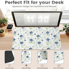 Blue Floral with Butterflies Office Desk Mat 31.5" x 15.7" Desktop Mat PU Leather Large Mouse Pad White Mousepad Non-Slip Table Mat for Girls, Women, Home, Work, Computer, and Gaming - Image 3