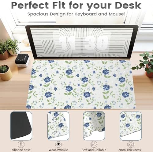 Blue Floral with Butterflies Office Desk Mat 31.5" x 15.7" Desktop Mat PU Leather Large Mouse Pad White Mousepad Non-Slip Table Mat for Girls, Women, Home, Work, Computer, and Gaming - Image 3