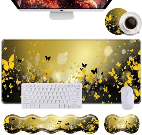 Keyboard Wrist Rest+Mouse Wrist Pad+Desk Pad Set,Memory Foam Ergonomic Easy Typing Pain Relief for Computer Laptop Office Home - Flowers and Butterflies by DSRGRGFDJ