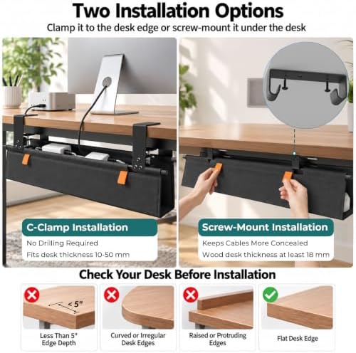 Fabric Under Desk Cable Management Tray 35.4” No Drill with Cable Ties - Image 4