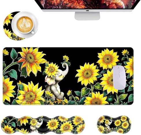 Mouse Pad,Large Desk Mat Set, 4in1 XL Mousepad + Keyboard Wrist Rest+Mouse Wrist Rest+Coaster with Ergonomic Desk Pad for Home Office Table Computer Cover -Elephant with Sunflowers by Unknown