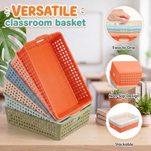 12 Pack Turn in Trays for Classroom, Stackable Plastic Paper Baskets with Handles, Letter Size A4 Teacher Desk Organizer Bins for Classroom Organization (Boho Colors) - Image 4